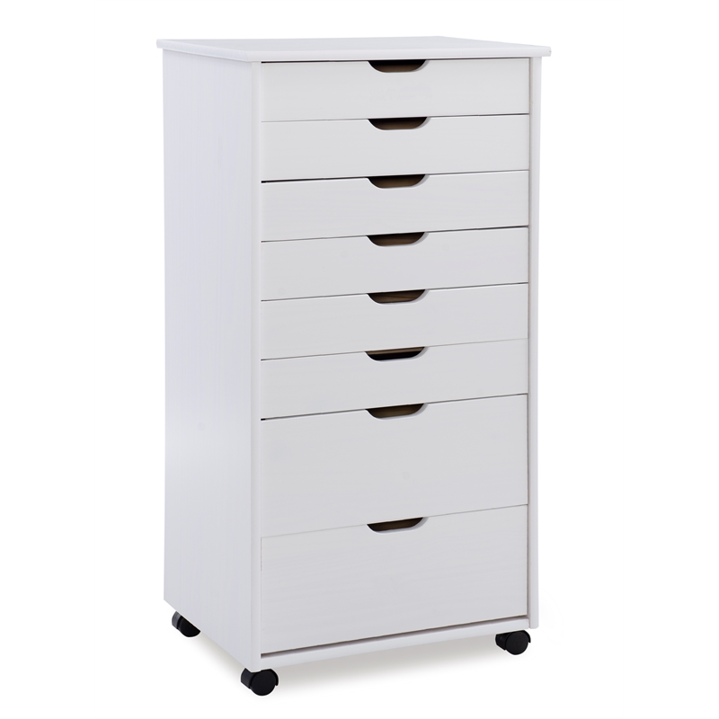 Linon Callie Eight Drawer Rolling Storage Cart in White Wash Wood