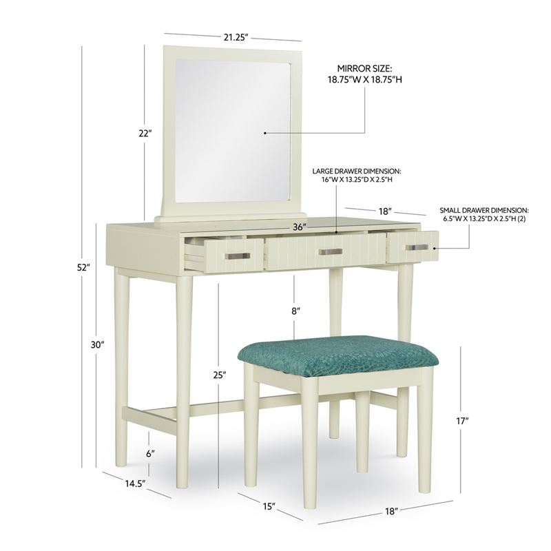 Linon Garbo Mirrored Vanity 3 Drawers Green Upholstered Stool in Cream Wood