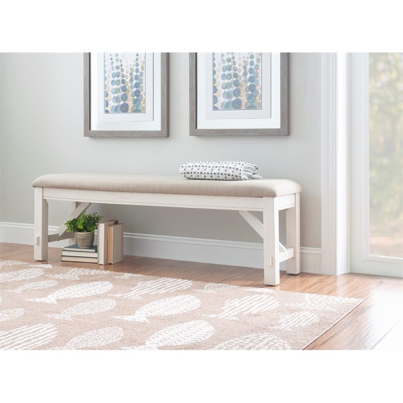 Linon Turino Tan Upholstered Bench in Smokey White Finished Wood
