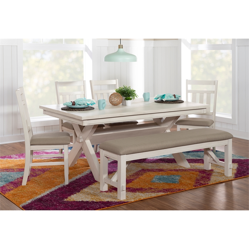 Linon Turino 6 Piece Wood Dining Set X-Frame Padded Seats in Smokey White Finish