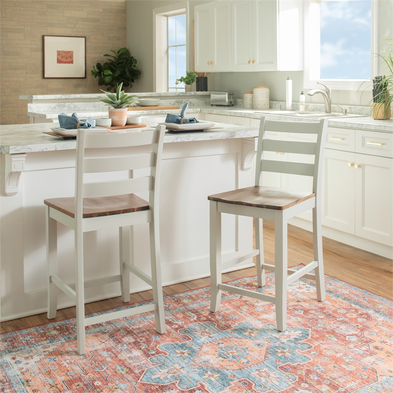 Linon Cain Wood 2 Tone Ladder Back Counter Stools Set of 2 in Light Gray Finish