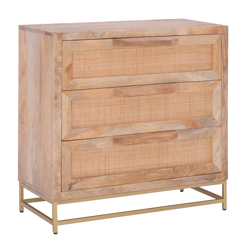 Linon Josie Wood 3 Drawer Cabinet Cane Detailing Gold Metal Base in Natural
