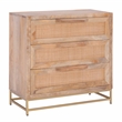 Linon Josie Wood 3 Drawer Cabinet Cane Detailing Gold Metal Base in Natural