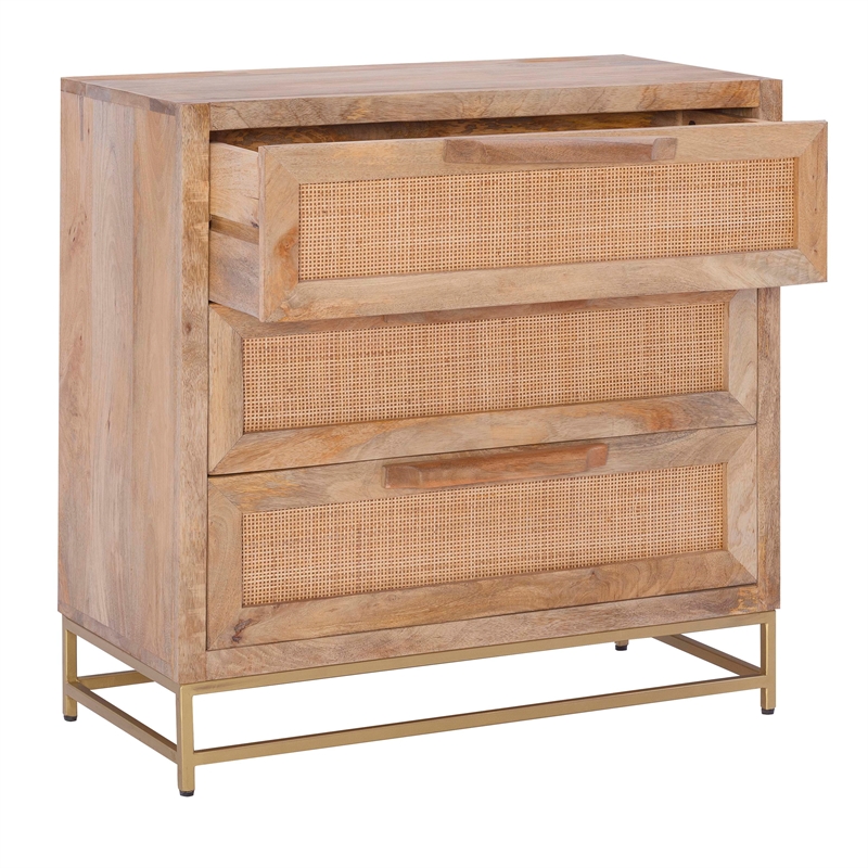 Linon Josie Wood 3 Drawer Cabinet Cane Detailing Gold Metal Base in Natural