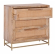 Linon Josie Wood 3 Drawer Cabinet Cane Detailing Gold Metal Base in Natural