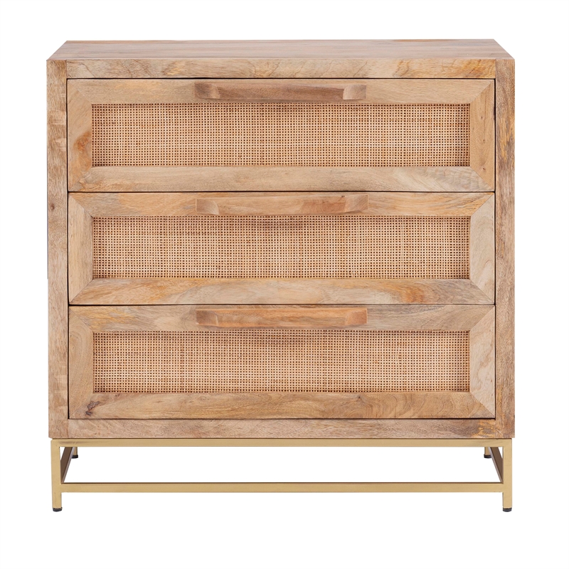 Linon Josie Wood 3 Drawer Cabinet Cane Detailing Gold Metal Base in Natural