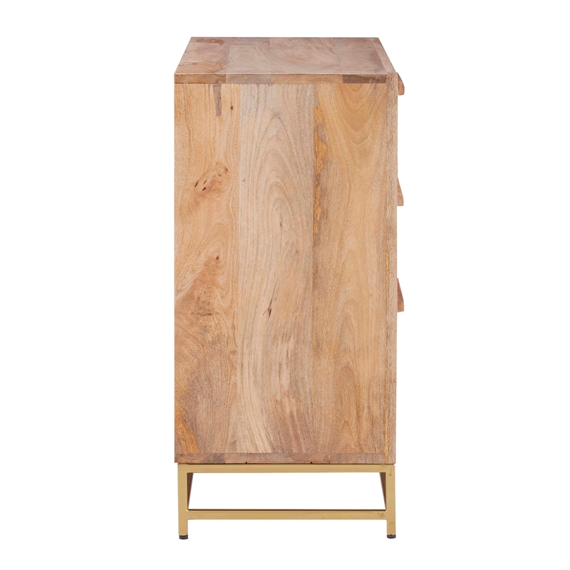 Linon Josie Wood 3 Drawer Cabinet Cane Detailing Gold Metal Base in Natural