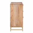 Linon Josie Wood 3 Drawer Cabinet Cane Detailing Gold Metal Base in Natural
