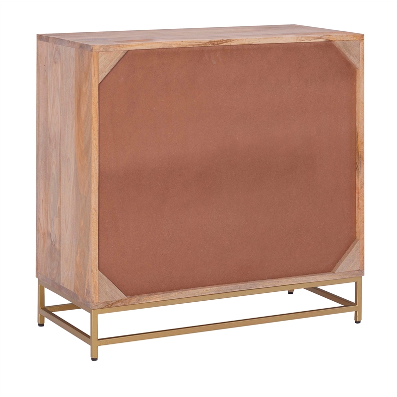 Linon Josie Wood 3 Drawer Cabinet Cane Detailing Gold Metal Base in Natural
