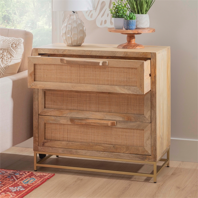Linon Josie Wood 3 Drawer Cabinet Cane Detailing Gold Metal Base in Natural