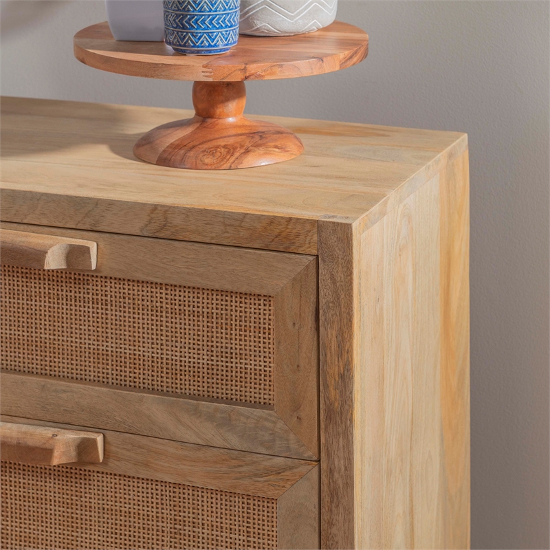 Linon Josie Wood 3 Drawer Cabinet Cane Detailing Gold Metal Base in Natural