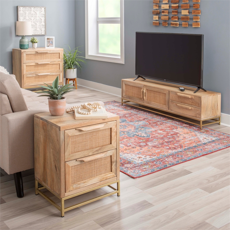 Linon Josie Wood 3 Drawer Cabinet Cane Detailing Gold Metal Base in Natural