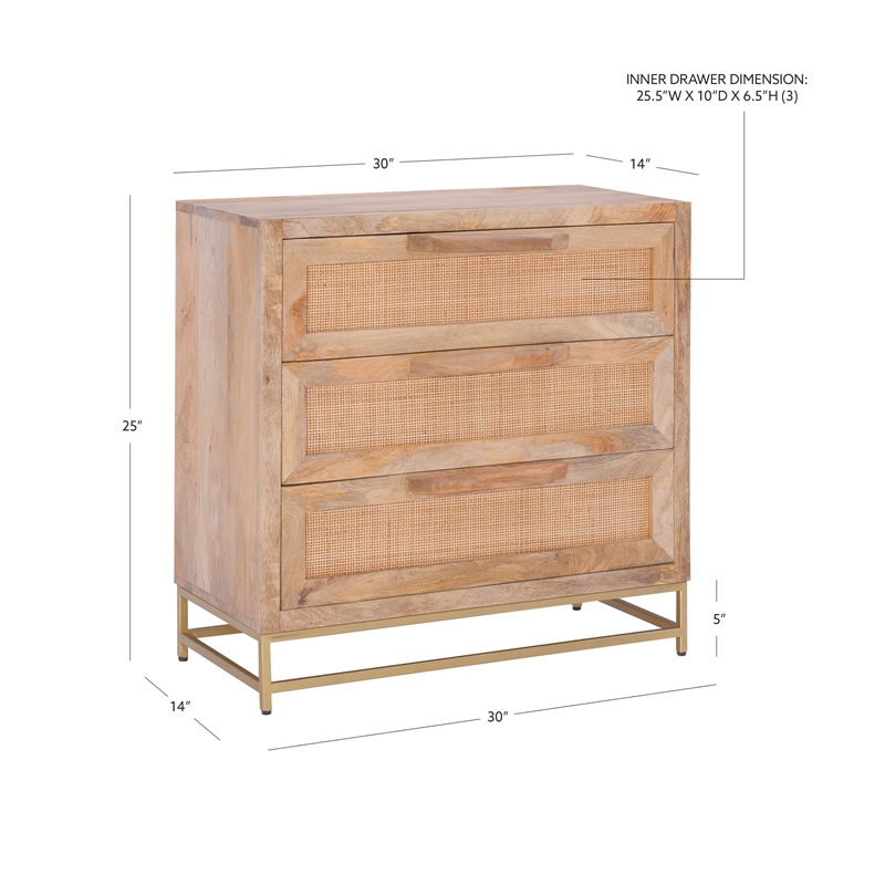 Linon Josie Wood 3 Drawer Cabinet Cane Detailing Gold Metal Base in Natural