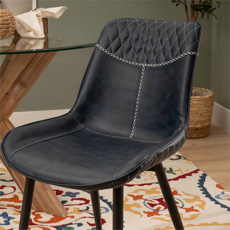Linon Mabry Faux Leather Upholstered Set of Two Dining Chairs Steel Legs in Blue