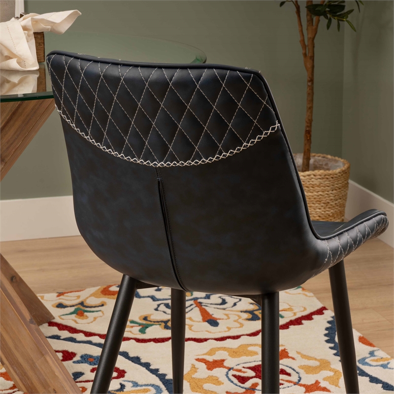 Linon Mabry Faux Leather Upholstered Set of Two Dining Chairs Steel Legs in Blue