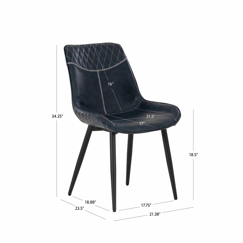 Linon Mabry Faux Leather Upholstered Set of Two Dining Chairs Steel Legs in Blue