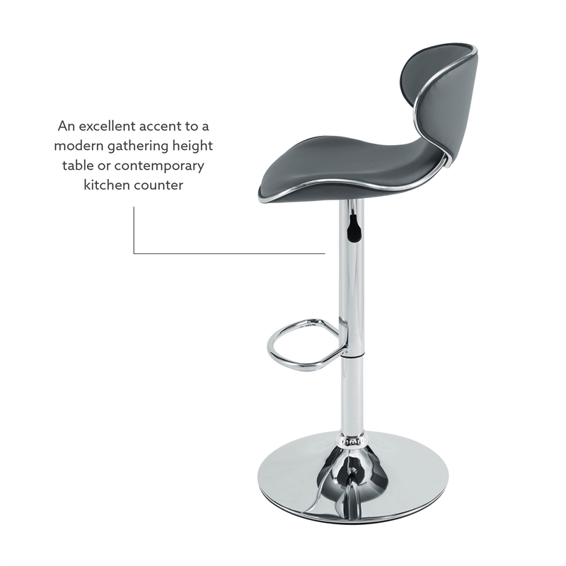 Linon Chrome Faux Leather Round Back Swivel Adjustable Gaslift Barstool in Gray