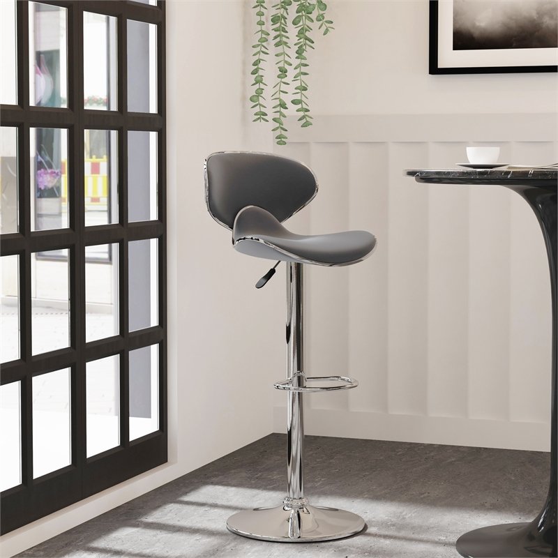 Linon Chrome Faux Leather Round Back Swivel Adjustable Gaslift Barstool in Gray