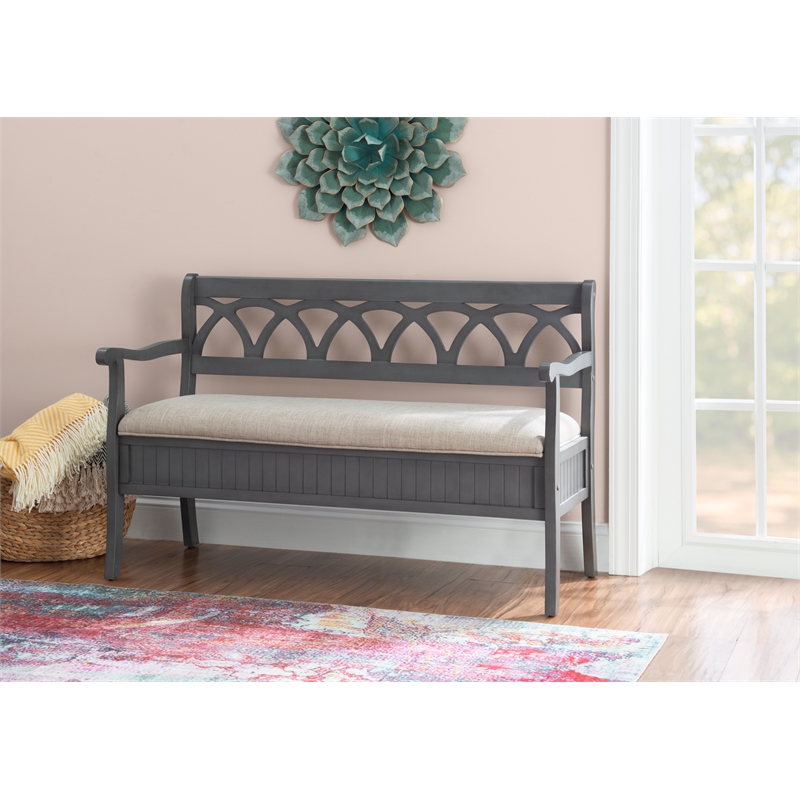 Linon Elliana Storage Bench Beige Padded Seat Cutout Back Design in Gray Wood