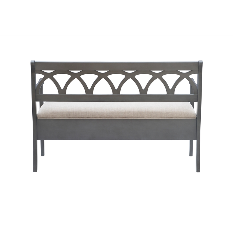 Linon Elliana Storage Bench Beige Padded Seat Cutout Back Design in Gray Wood