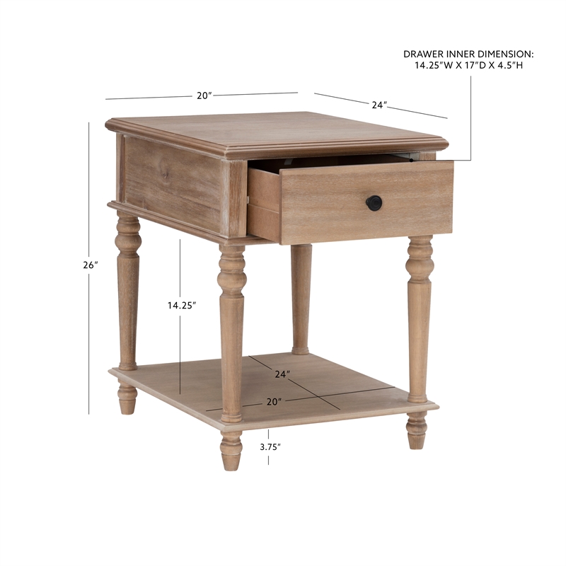 Linon Mavis Side Table with Drawer and Shelf in Rustic Natural Brown Wood