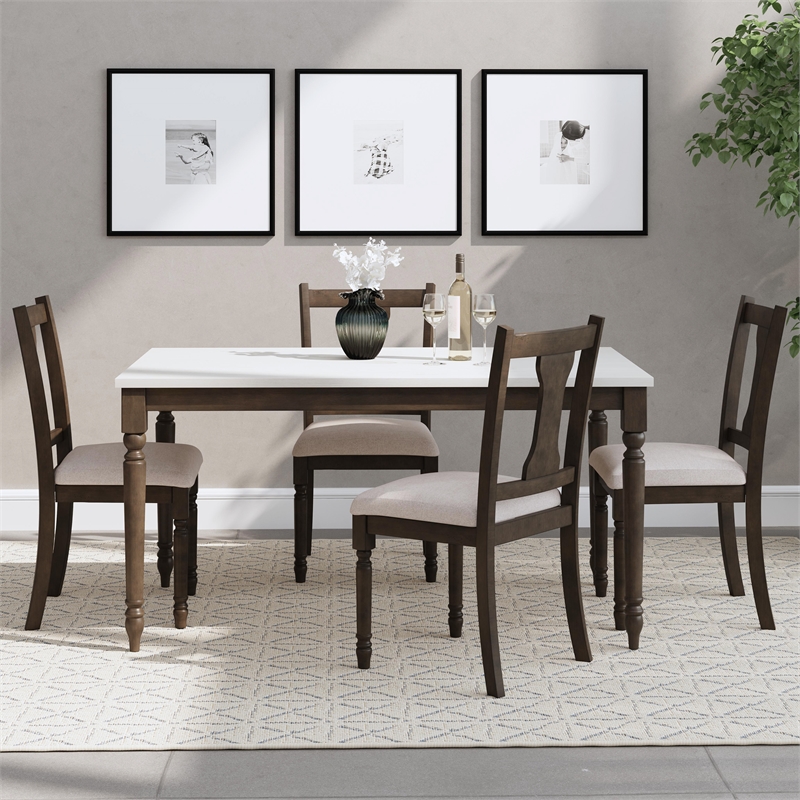 Linon Willow Wood Five Piece Upholstered Dining Set in Smokey White/Dark Gray