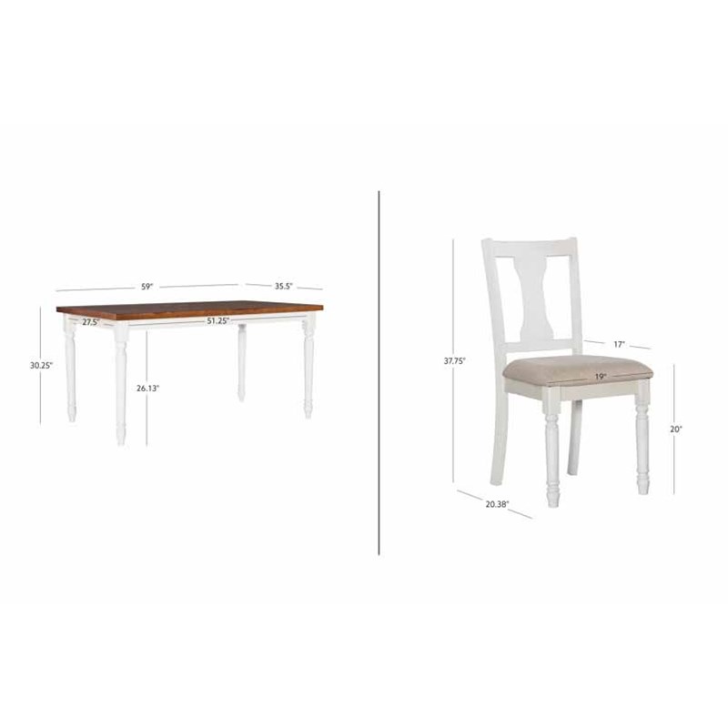 Linon Willow Wood Five Piece Upholstered Dining Set in Vanilla White/Honey Brown