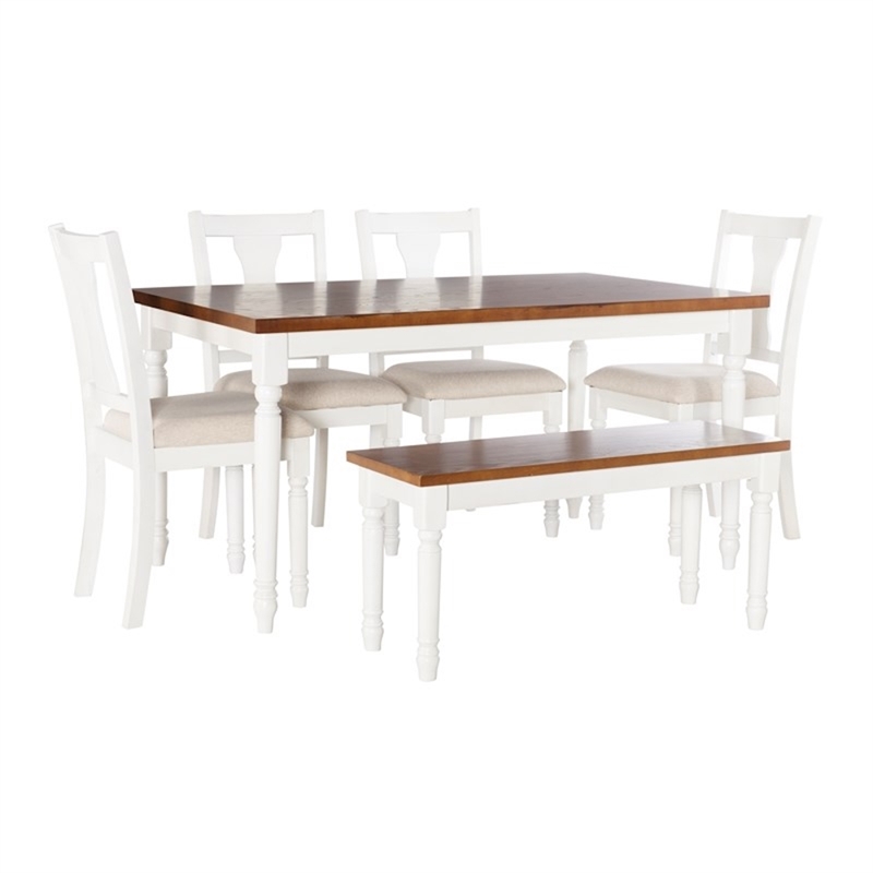 Linon Willow Wood 6 Piece Dining Set with Bench in Vanilla White/Honey