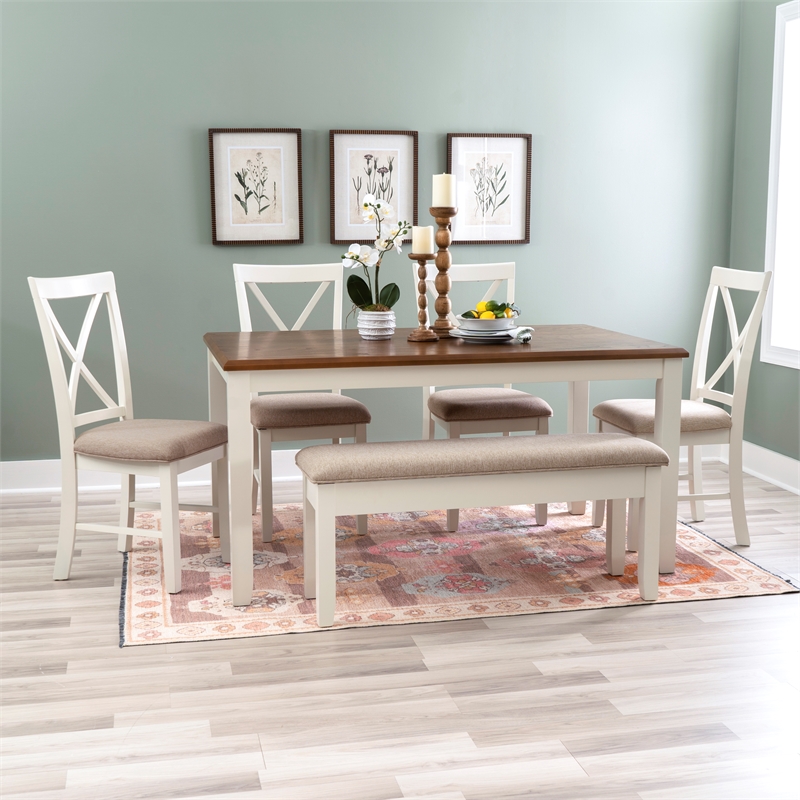 Linon Jane 6 Piece Upholstered Dining Set in Vanilla White and Honey Brown Wood