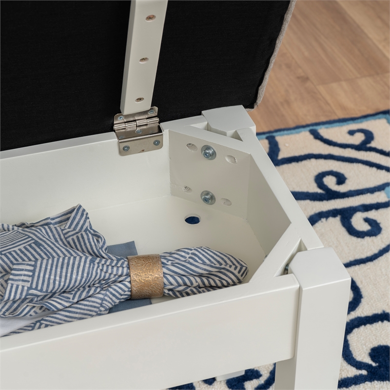 Linon Jane Storage Bench with Light Gray Fabric in Vanilla White Painted Wood