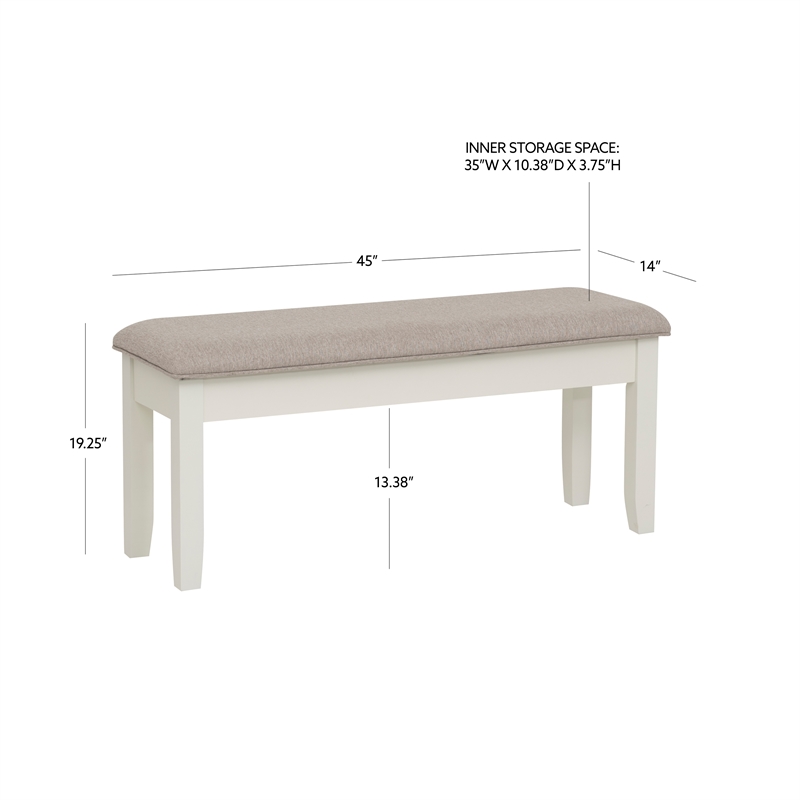 Linon Jane Storage Bench with Light Gray Fabric in Vanilla White Painted Wood