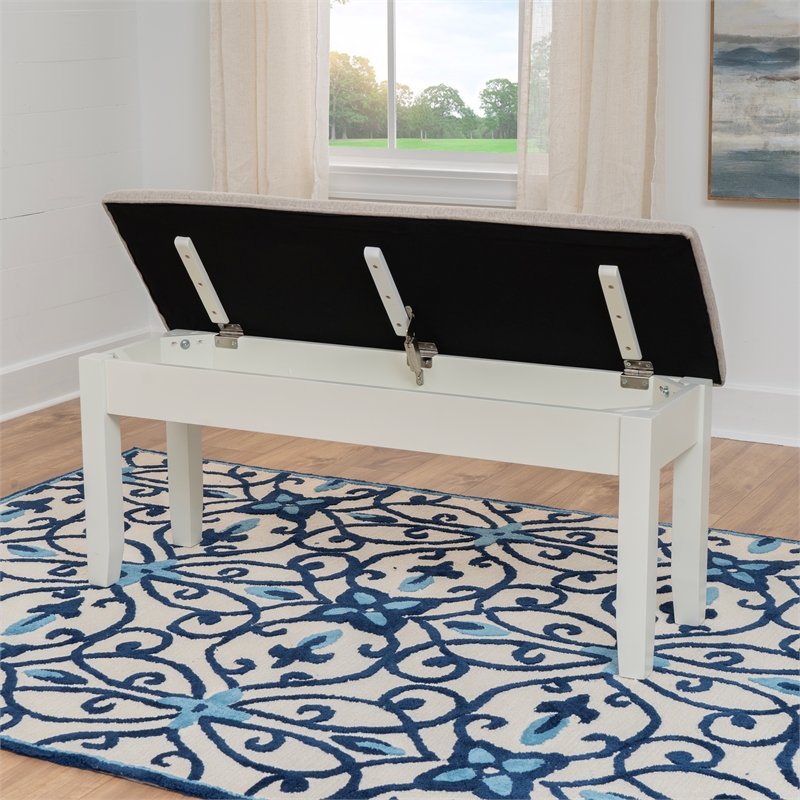 Linon Jane Storage Bench with Light Gray Fabric in Vanilla White Painted Wood