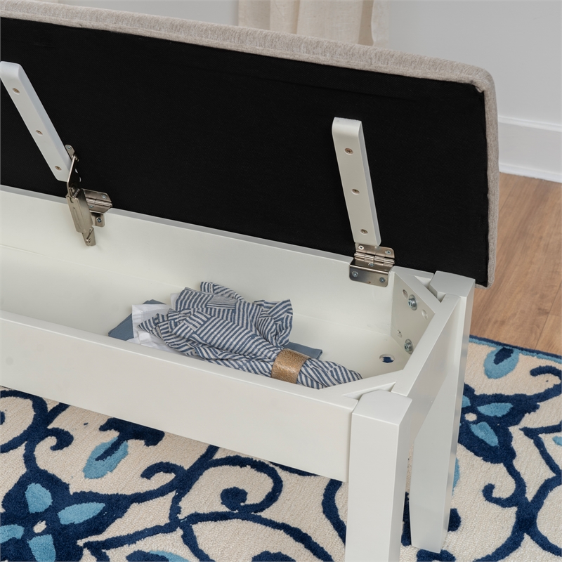 Linon Jane Storage Bench with Light Gray Fabric in Vanilla White Painted Wood