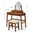 Linon Iris Wood Vanity & Padded Stool Set Oval Mirror 5 Drawers in Walnut Brown
