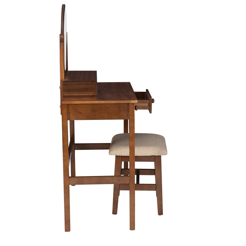 Linon Iris Wood Vanity & Padded Stool Set Oval Mirror 5 Drawers in Walnut Brown