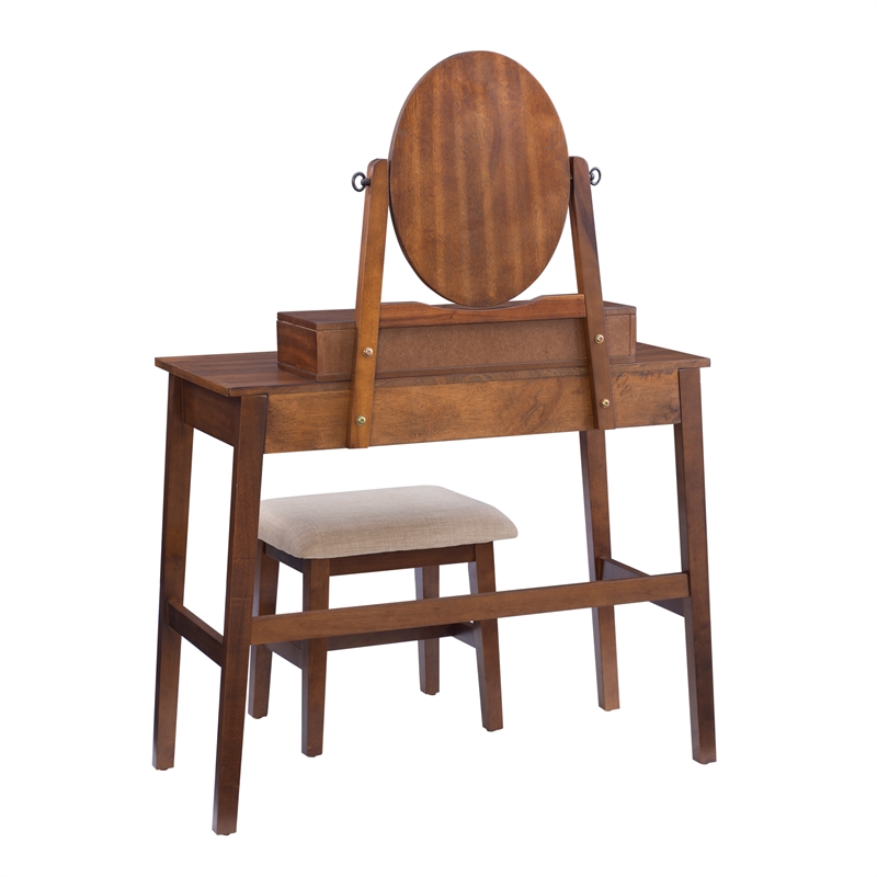 Linon Iris Wood Vanity & Padded Stool Set Oval Mirror 5 Drawers in Walnut Brown