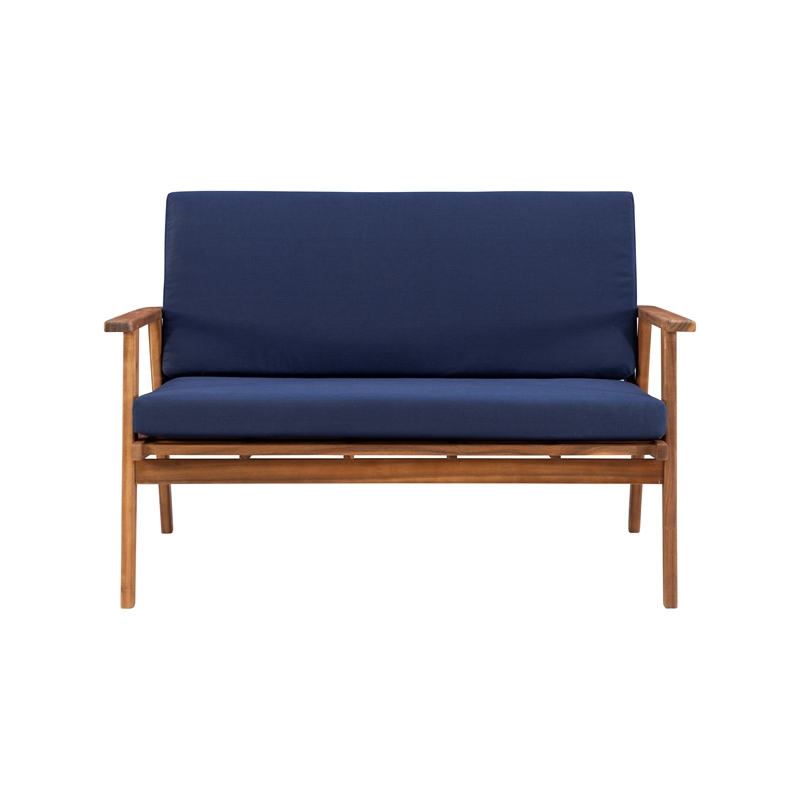 Linon Cooper Outdoor 4 Piece Wood Chat Set with Blue Cushions in Walnut Finish