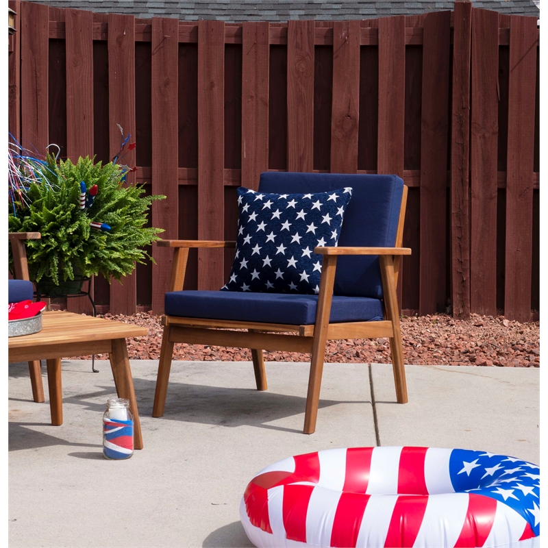Linon Cooper Outdoor 4 Piece Wood Chat Set with Blue Cushions in Walnut Finish