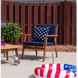 Linon Cooper Outdoor 4 Piece Wood Chat Set with Blue Cushions in Walnut Finish