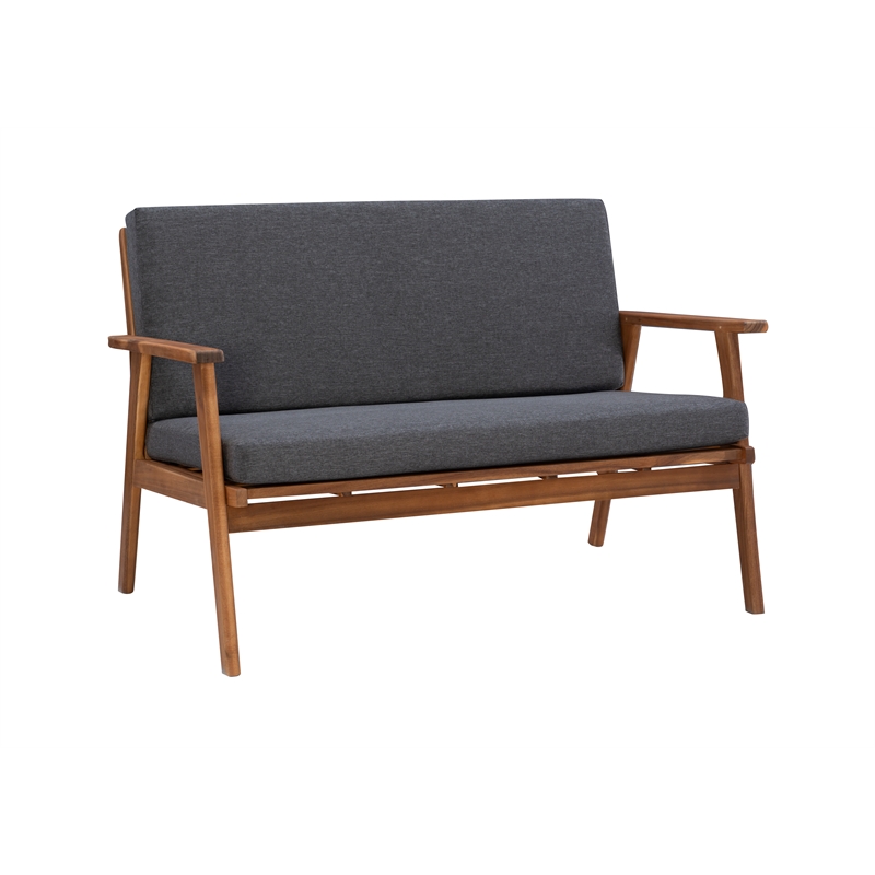 Linon Cooper Outdoor 4 Piece Wood Chat Set with Gray Cushions in Walnut Finish
