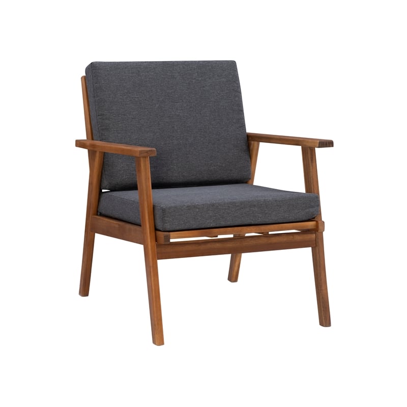 Linon Cooper Outdoor 4 Piece Wood Chat Set with Gray Cushions in Walnut Finish