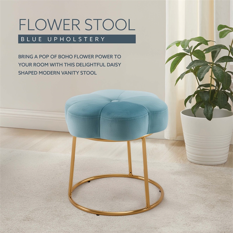 Linon Siena Gold Steel Base Upholstered Flower Shape Vanity Stool in Blue Velvet