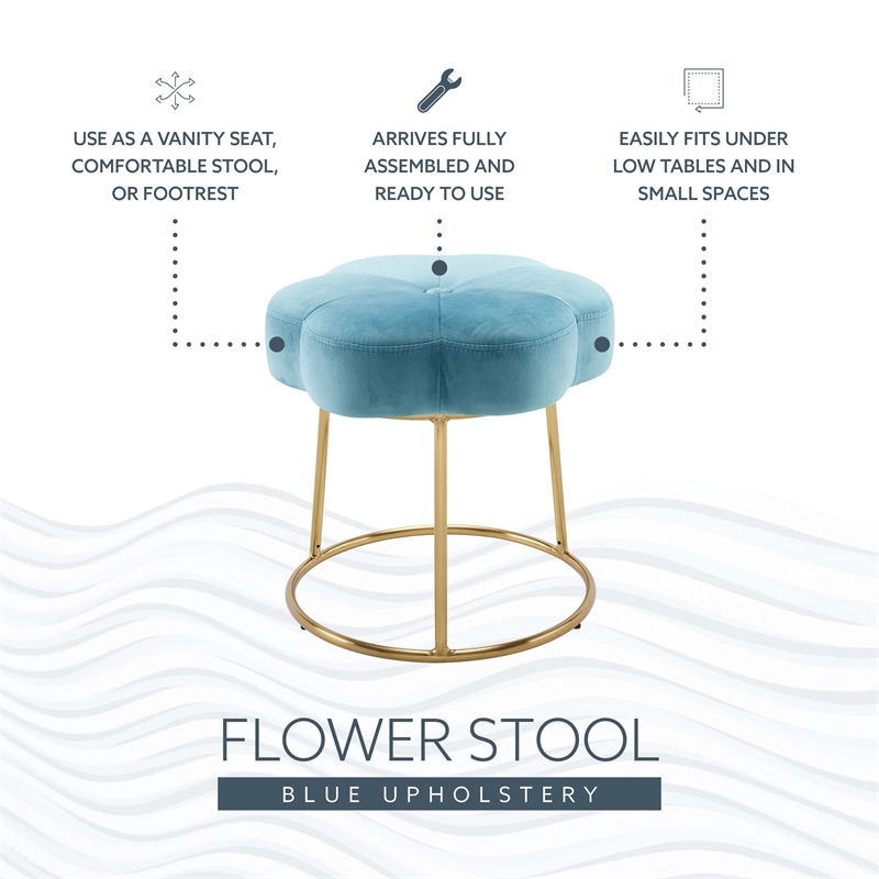 Linon Siena Gold Steel Base Upholstered Flower Shape Vanity Stool in Blue Velvet