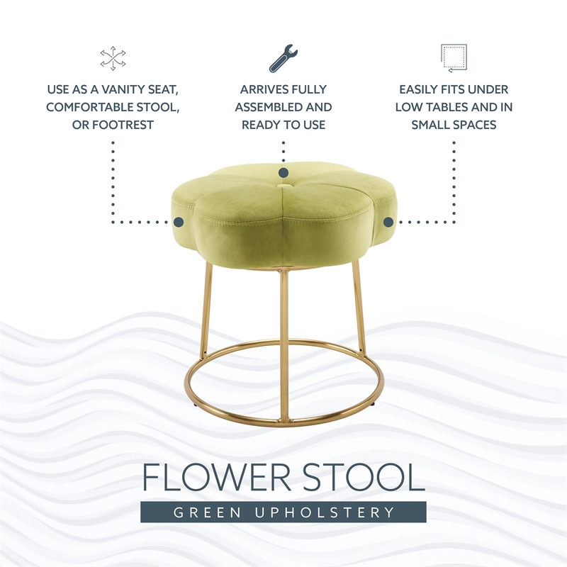 Linon Siena Gold Base Upholstered Flower Shape Vanity Stool in Green Velvet