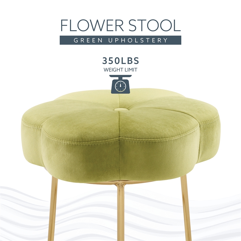 Linon Siena Gold Base Upholstered Flower Shape Vanity Stool in Green Velvet
