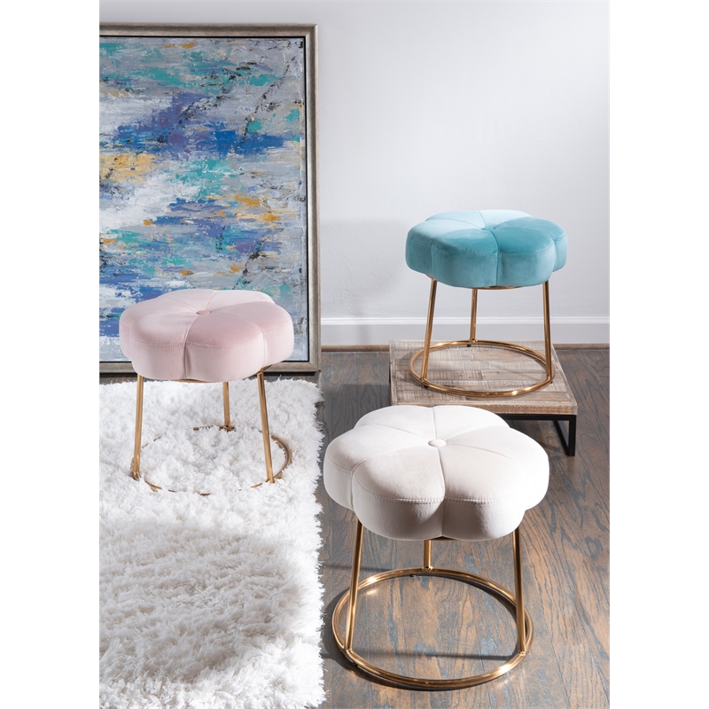 Linon Siena Gold Steel Base Upholstered Flower Shape Vanity Stool in Pink Velvet