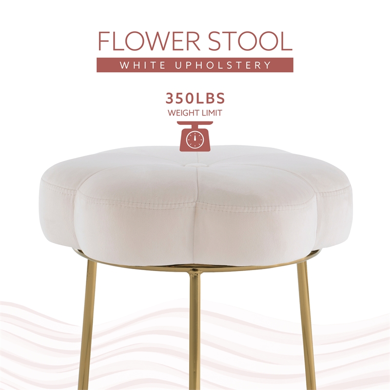 Linon Siena Gold Base Upholstered Flower Shaped Vanity Stool in White Velvet