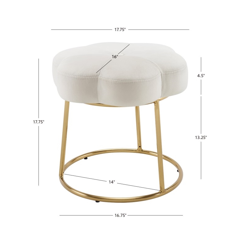 Linon Siena Gold Base Upholstered Flower Shaped Vanity Stool in White Velvet