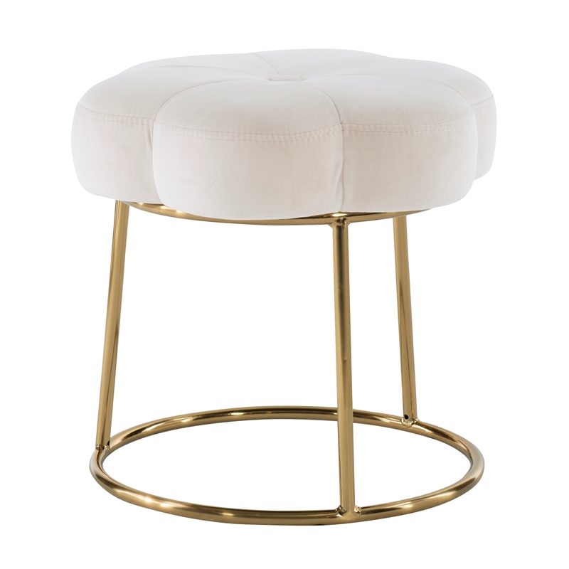 Linon Siena Gold Base Upholstered Flower Shaped Vanity Stool in White Velvet