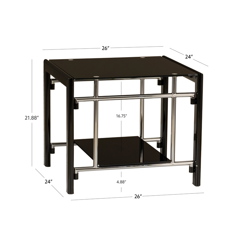 Linon Dart End Table (Set of 2) Top & Bottom Glass Shelves in Glossy Black Steel